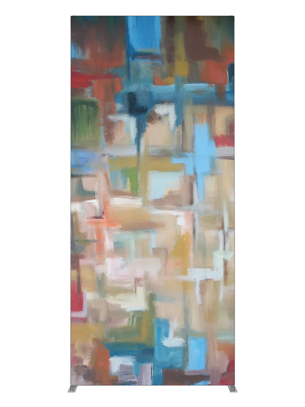 Blue red tan cubist block, photography backdrop panel for Denny StudioEdge silicone edge frame, 3 ft