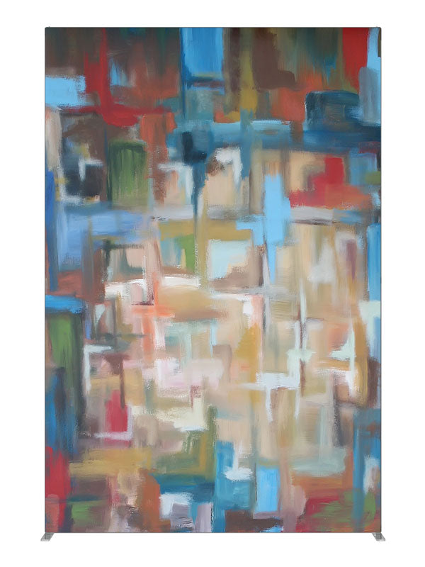 Blue red tan cubist block, photography backdrop panel for Denny StudioEdge silicone edge frame, 5 ft