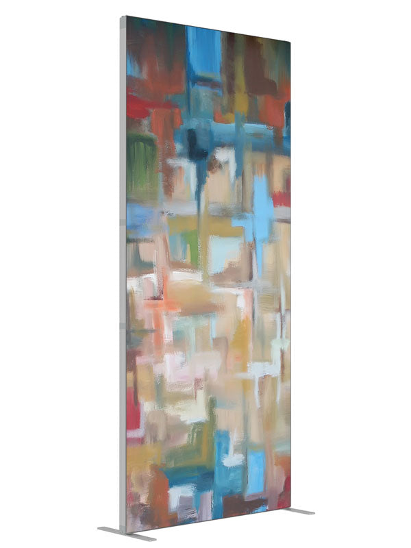 Blue red tan cubist block shown at an angled view, photography backdrop panel for Denny StudioEdge silicone edge frame, 3 ft