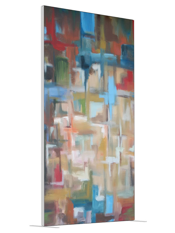 Blue red tan cubist block shown at an angled view, photography backdrop panel for Denny StudioEdge silicone edge frame, 4 ft
