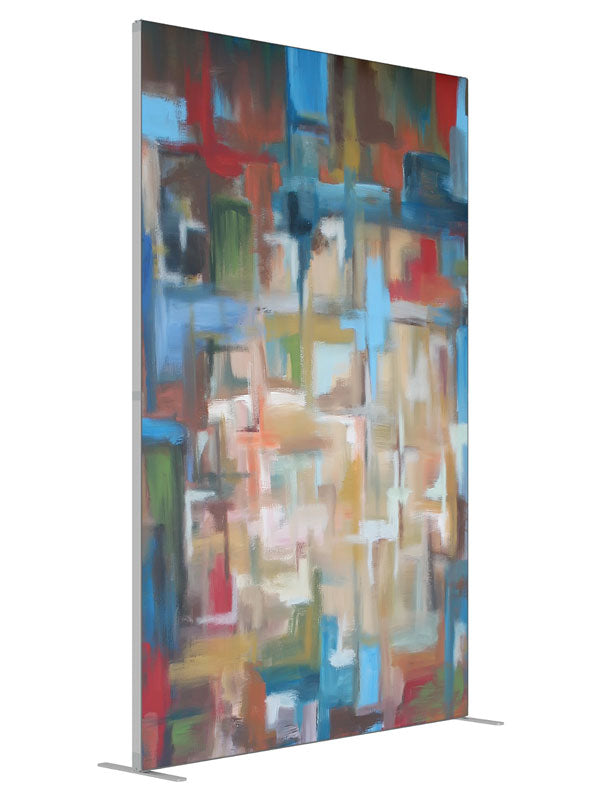 Blue red tan cubist block shown at an angled view, photography backdrop panel for Denny StudioEdge silicone edge frame, 5 ft