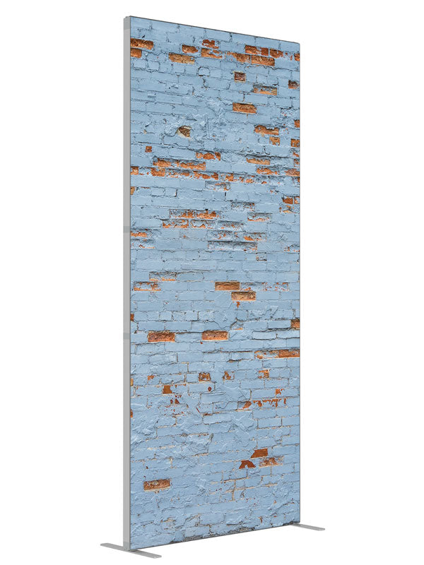 Blue Robin Brick Wall shown at an angled view, photography backdrop panel for Denny StudioEdge silicone edge frame, 3 ft