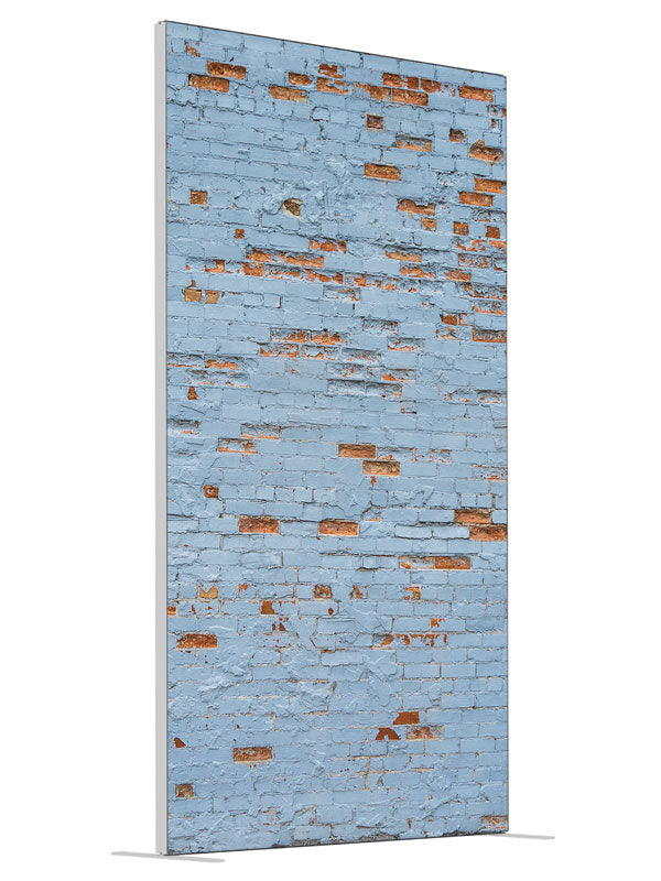 Blue Robin Brick Wall shown at an angled view, photography backdrop panel for Denny StudioEdge silicone edge frame, 4 ft