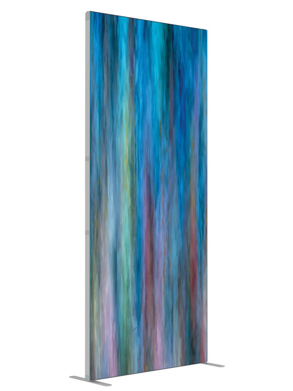 Blue teal pink vertical streak shown at an angled view, photography backdrop panel for Denny StudioEdge silicone edge frame, 3 ft