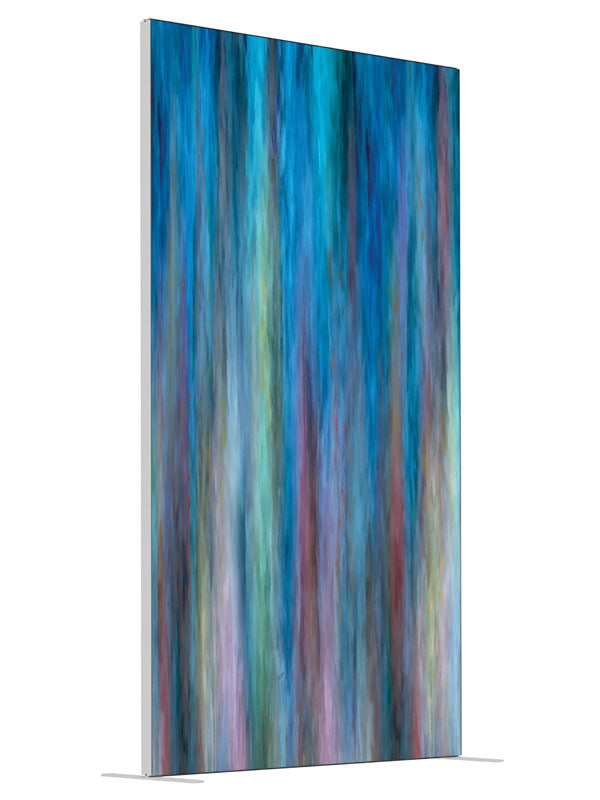 Blue teal pink vertical streak shown at an angled view, photography backdrop panel for Denny StudioEdge silicone edge frame, 4 ft