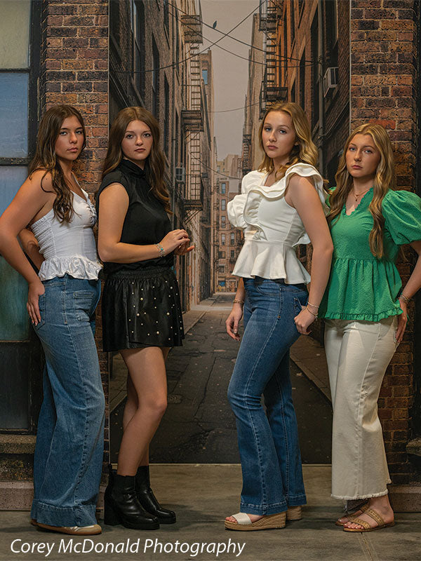 Brenner Brick Warehouse Windows, photography backdrop panel for Denny StudioEdge silicone edge frame, shown with four senior girls posed together in the painted alley scene SECP-8865