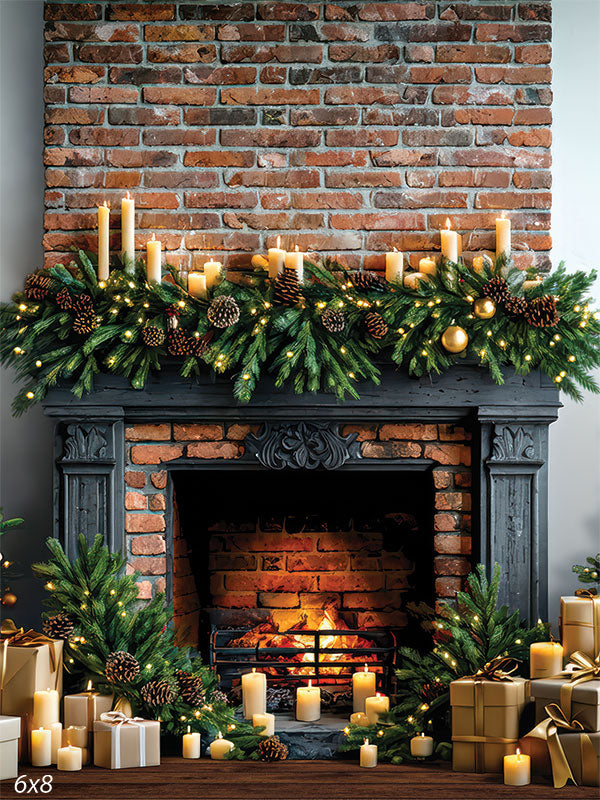 brick fireplace Christmas garland photography backdrop CP-8881