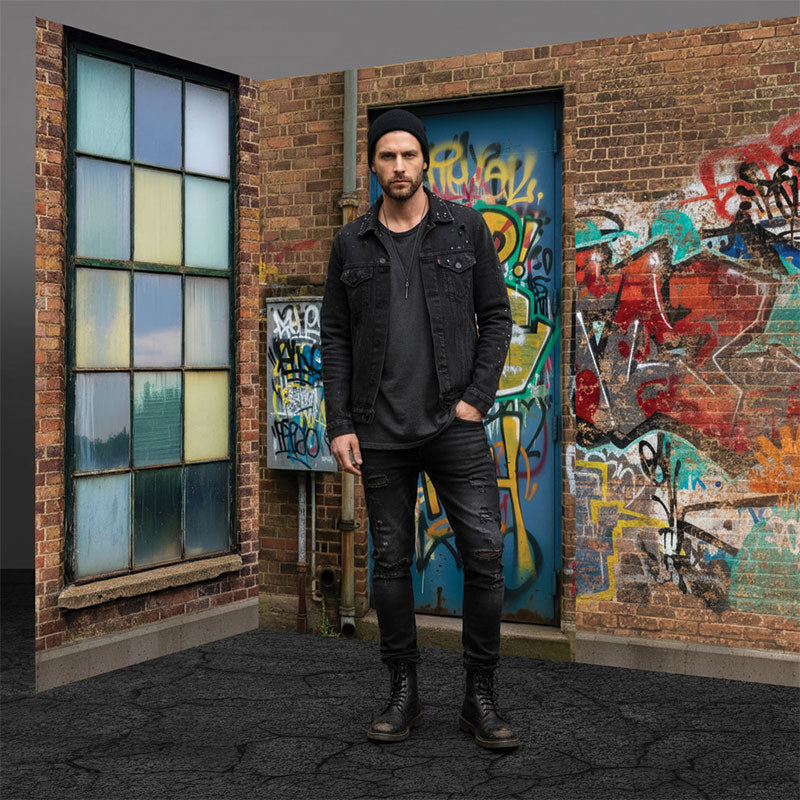 Brick warehouse industrial windows printed photography backdrop lifestyle portrait session - Denny StudioEdge SECP-8865