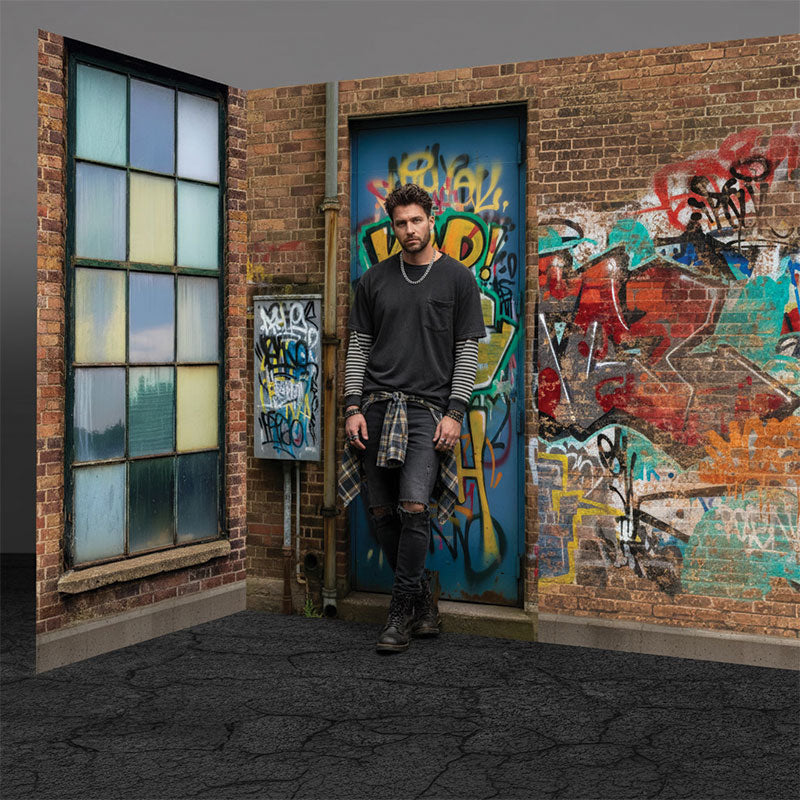 Brick warehouse industrial windows printed photography backdrop lifestyle in-studio portrait - Denny StudioEdge SECP-8865
