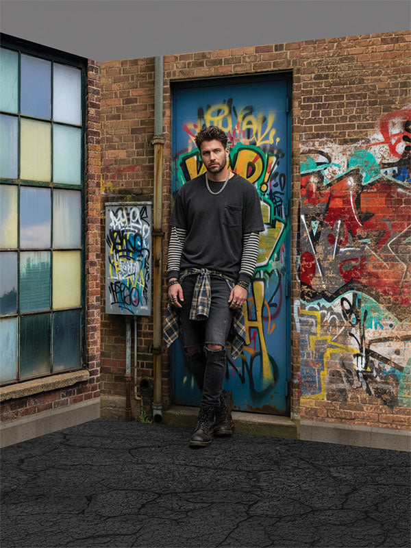 Brick warehouse industrial windows printed photography backdrop lifestyle in-studio portrait cropped - Denny StudioEdge SECP-8865