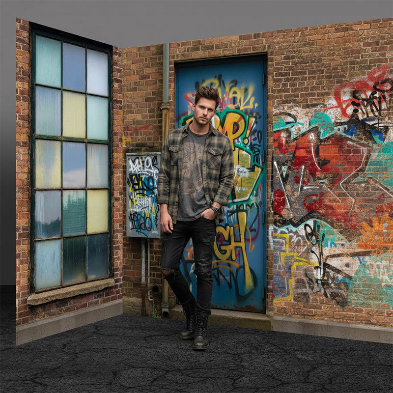 Graffiti warehouse door brick wall printed photography backdrop lifestyle portrait third angle - Denny StudioEdge SECP-8864