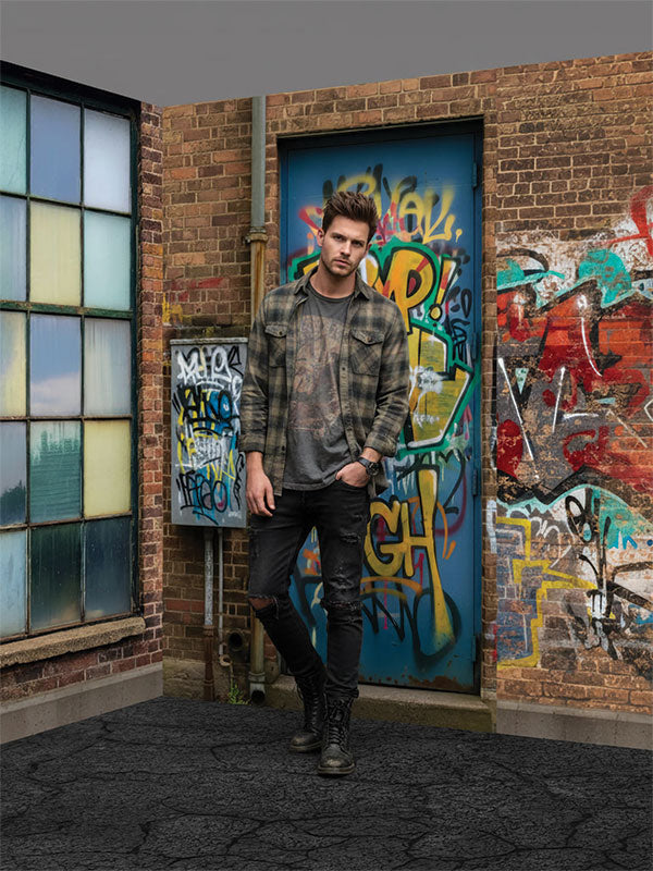 Brick wall graffiti printed photography backdrop lifestyle portrait third angle cropped - Denny StudioEdge SECP-8863