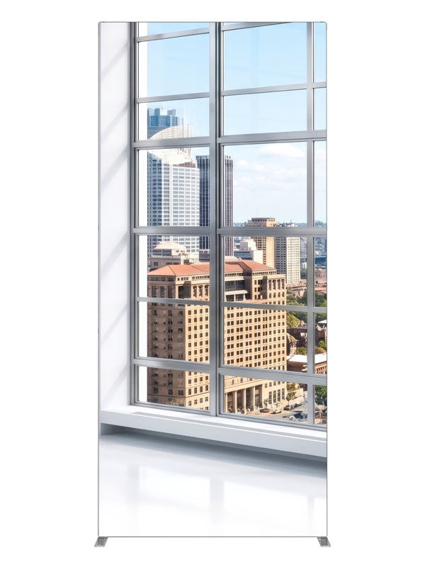 A bright white-gridded window corner over a sunlit harbor city with an arched bridge, 3ft photography backdrop panel for Denny StudioEdge silicone edge frame