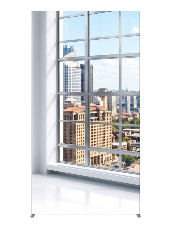 A bright white-gridded window corner over a sunlit harbor city with an arched bridge, 4ft photography backdrop panel for Denny StudioEdge silicone edge frame