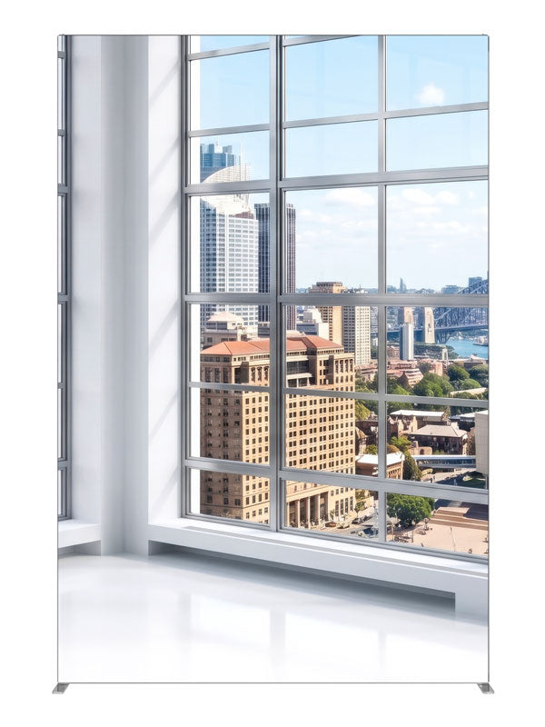 A bright white-gridded window corner over a sunlit harbor city with an arched bridge, 5ft photography backdrop panel for Denny StudioEdge silicone edge frame