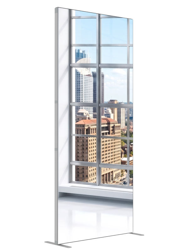 A bright white-gridded window corner over a sunlit harbor city with an arched bridge, 3ft photography backdrop panel for Denny StudioEdge silicone edge frame, angled view