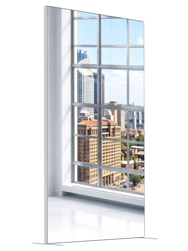 A bright white-gridded window corner over a sunlit harbor city with an arched bridge, 4ft photography backdrop panel for Denny StudioEdge silicone edge frame, angled view