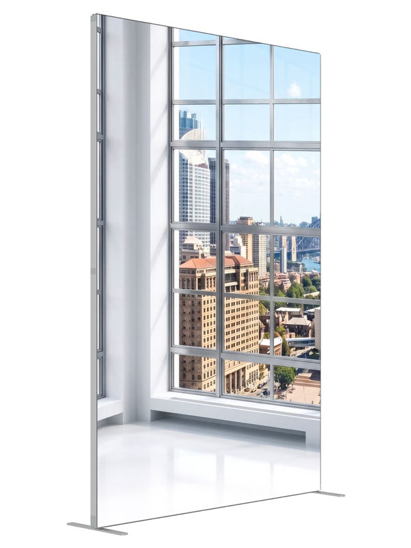 A bright white-gridded window corner over a sunlit harbor city with an arched bridge, 5ft photography backdrop panel for Denny StudioEdge silicone edge frame, angled view