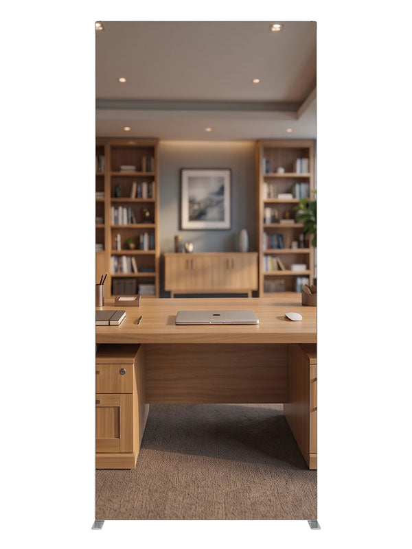A bright honey-oak executive office with bookcases and corner windows overlooking a city skyline, 3ft photography backdrop panel for Denny StudioEdge silicone edge frame