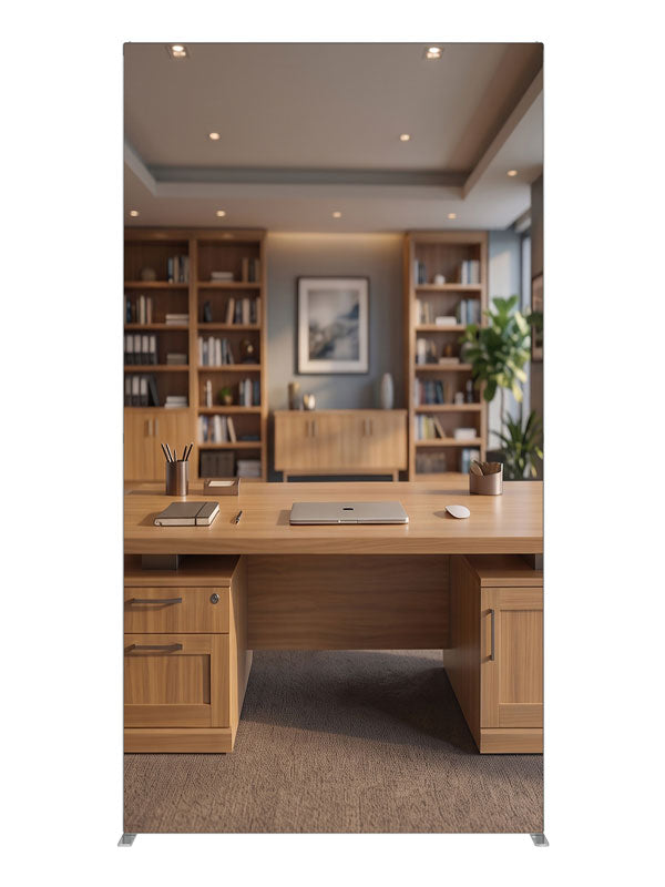 A bright honey-oak executive office with bookcases and corner windows overlooking a city skyline, 4ft photography backdrop panel for Denny StudioEdge silicone edge frame