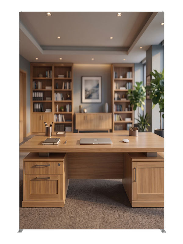 A bright honey-oak executive office with bookcases and corner windows overlooking a city skyline, 5ft photography backdrop panel for Denny StudioEdge silicone edge frame