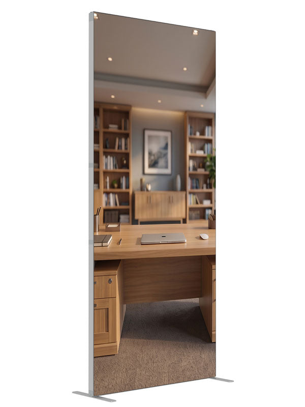 A bright honey-oak executive office with bookcases and corner windows overlooking a city skyline, 3ft photography backdrop panel for Denny StudioEdge silicone edge frame