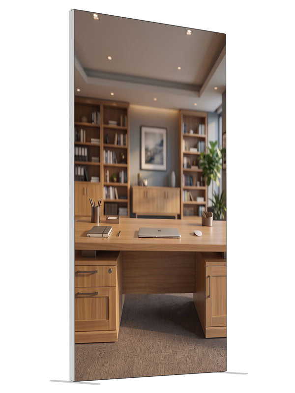 A bright honey-oak executive office with bookcases and corner windows overlooking a city skyline, 4ft photography backdrop panel for Denny StudioEdge silicone edge frame