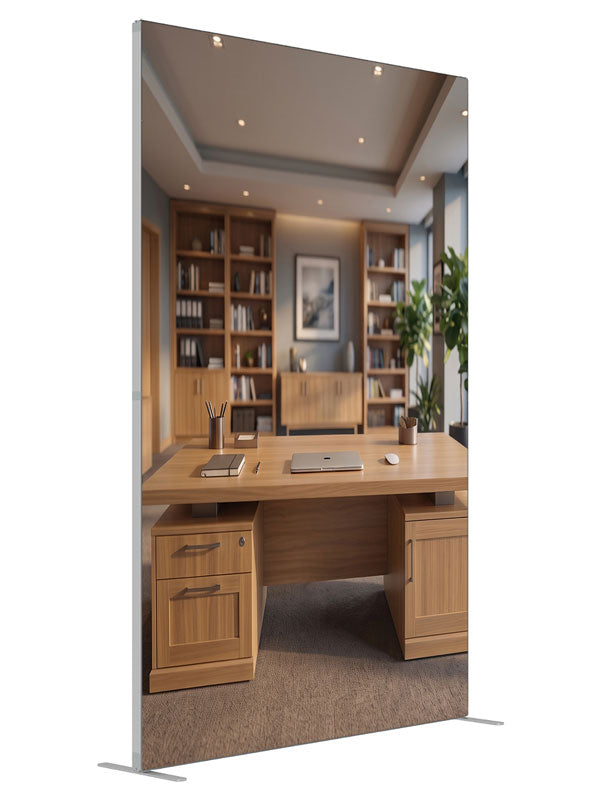 A bright honey-oak executive office with bookcases and corner windows overlooking a city skyline, 5ft photography backdrop panel for Denny StudioEdge silicone edge frame