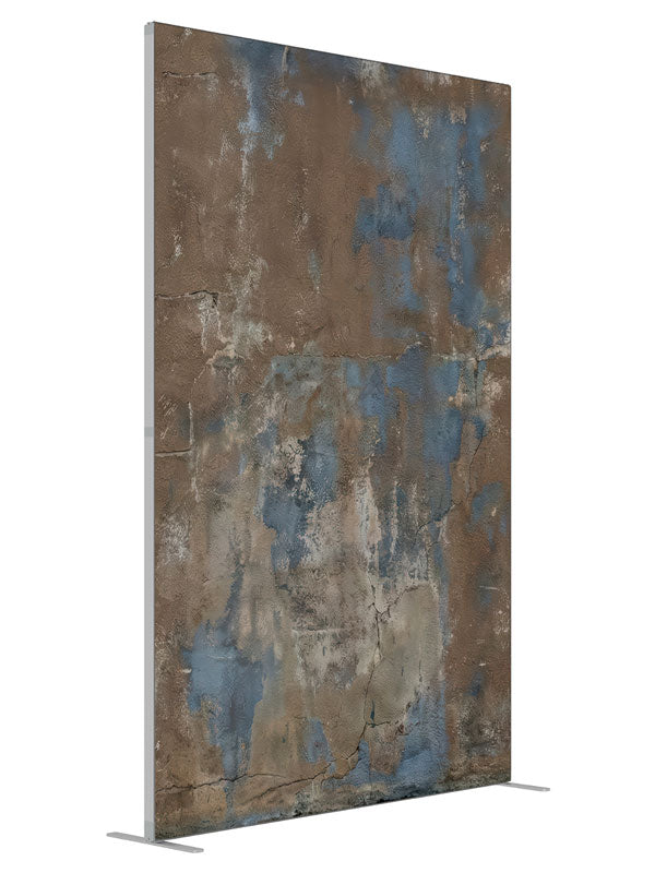 Brown Blue Textured Plaster Wall shown at an angled view, photography backdrop panel for Denny StudioEdge silicone edge frame, 5 ft