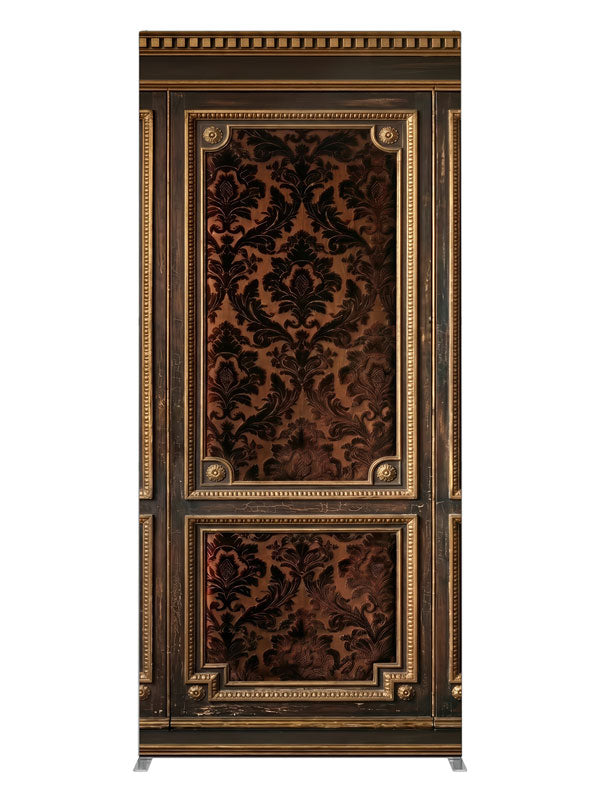 Dark walnut wall paneling with gold-beaded frames and brown damask brocade panels, 3ft photography backdrop panel for Denny StudioEdge silicone edge frame