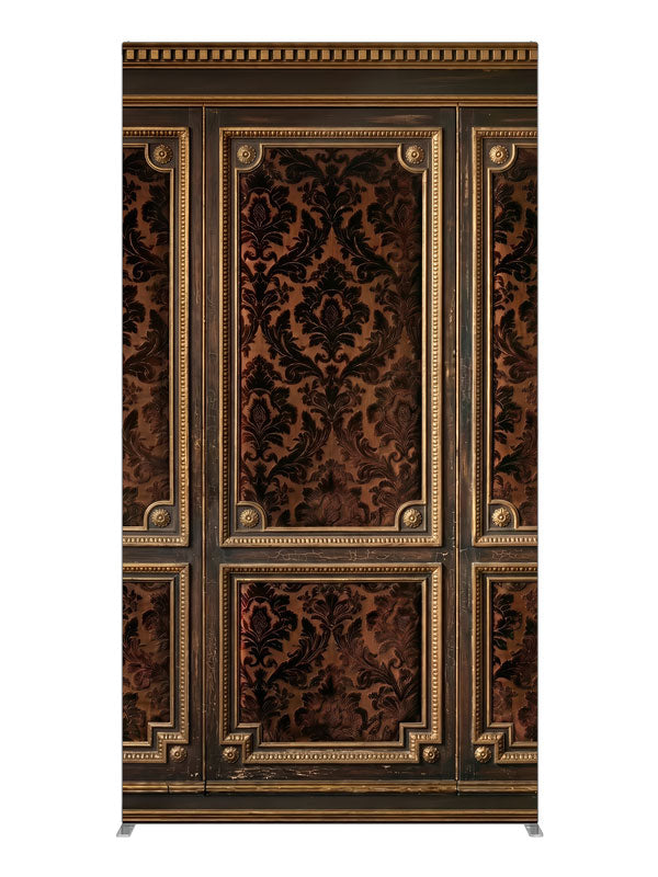Dark walnut wall paneling with gold-beaded frames and brown damask brocade panels, 4ft photography backdrop panel for Denny StudioEdge silicone edge frame