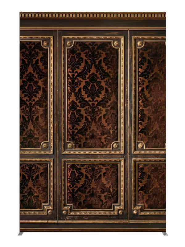 Dark walnut wall paneling with gold-beaded frames and brown damask brocade panels, 5ft photography backdrop panel for Denny StudioEdge silicone edge frame