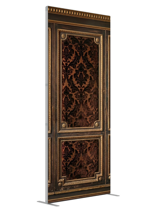 Dark walnut wall paneling with gold-beaded frames and brown damask brocade panels, 3ft photography backdrop panel for Denny StudioEdge silicone edge frame, angled view