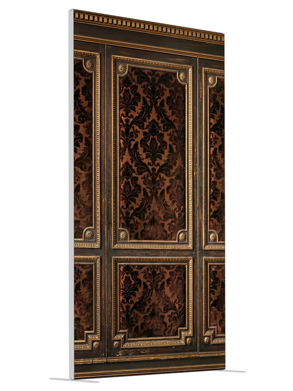 Dark walnut wall paneling with gold-beaded frames and brown damask brocade panels, 4ft photography backdrop panel for Denny StudioEdge silicone edge frame, angled view
