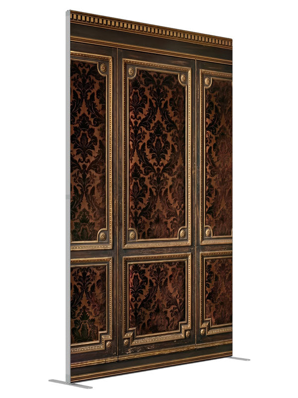 Dark walnut wall paneling with gold-beaded frames and brown damask brocade panels, 5ft photography backdrop panel for Denny StudioEdge silicone edge frame, angled view