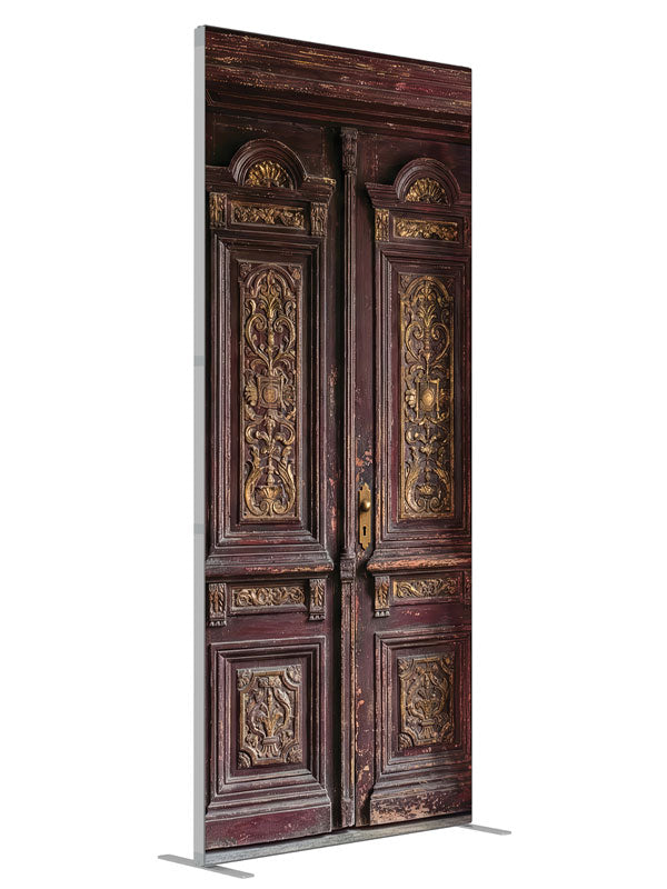Burgundy Paneled Wall Double Door shown at an angled view, photography backdrop panel for Denny StudioEdge silicone edge frame, 3 ft