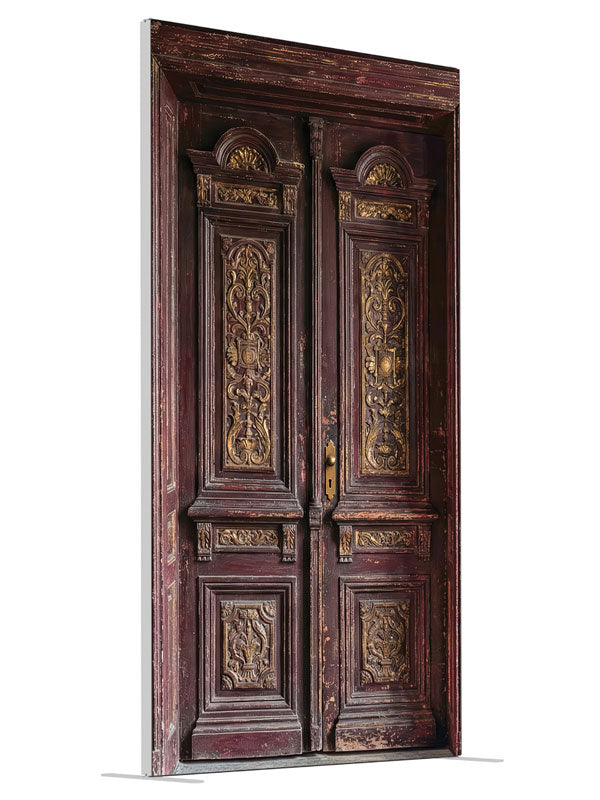 Burgundy Paneled Wall Double Door shown at an angled view, photography backdrop panel for Denny StudioEdge silicone edge frame, 4 ft