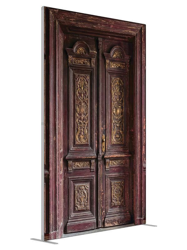 Burgundy Paneled Wall Double Door shown at an angled view, photography backdrop panel for Denny StudioEdge silicone edge frame, 5 ft