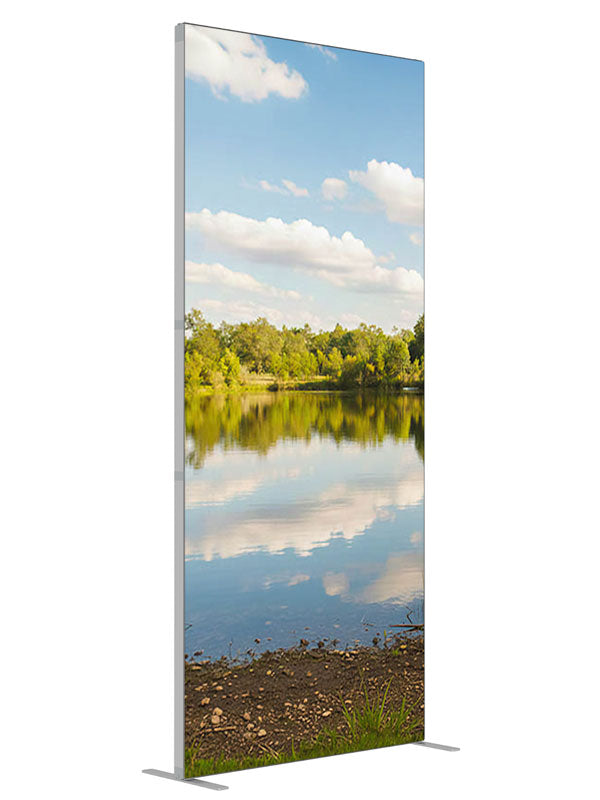 A calm lake mirroring a blue cloud-filled sky with a green tree line and grassy banks, 3ft photography backdrop panel for Denny StudioEdge silicone edge frame