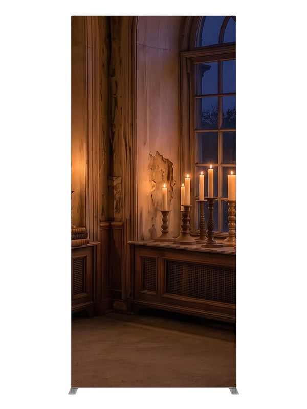 A faded room corner at dusk with tall arched windows, massed candlelight and a gilt mirror, 3ft photography backdrop panel for Denny StudioEdge silicone edge frame