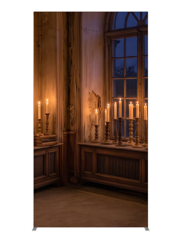 A faded room corner at dusk with tall arched windows, massed candlelight and a gilt mirror, 4ft photography backdrop panel for Denny StudioEdge silicone edge frame