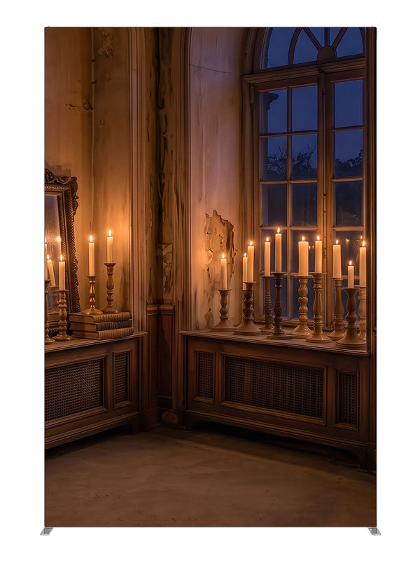 A faded room corner at dusk with tall arched windows, massed candlelight and a gilt mirror, 5ft photography backdrop panel for Denny StudioEdge silicone edge frame