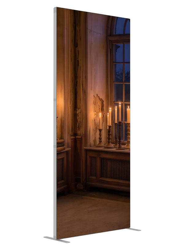 A faded room corner at dusk with tall arched windows, massed candlelight and a gilt mirror, 3ft photography backdrop panel for Denny StudioEdge silicone edge frame, angled view