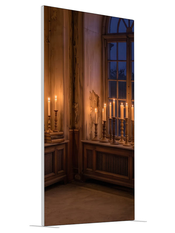 A faded room corner at dusk with tall arched windows, massed candlelight and a gilt mirror, 4ft photography backdrop panel for Denny StudioEdge silicone edge frame, angled view