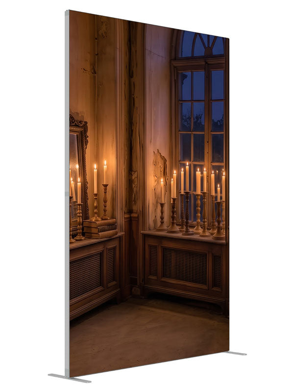 A faded room corner at dusk with tall arched windows, massed candlelight and a gilt mirror, 5ft photography backdrop panel for Denny StudioEdge silicone edge frame, angled view