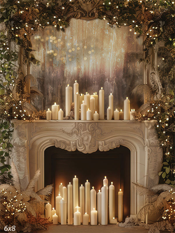 Christmas fireplace backdrop with glowing candles, pine garland, and ornate white mantel backdrop