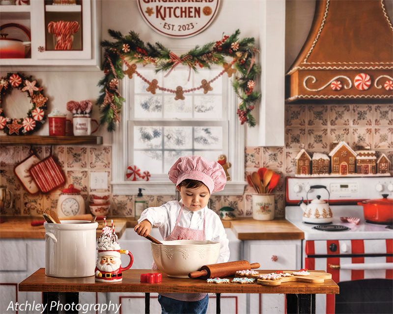 Candy Kitchen retro gingerbread kitchen photography backdrop shown with a young boy in a pink chef apron stirring batter, wide view CP-8911