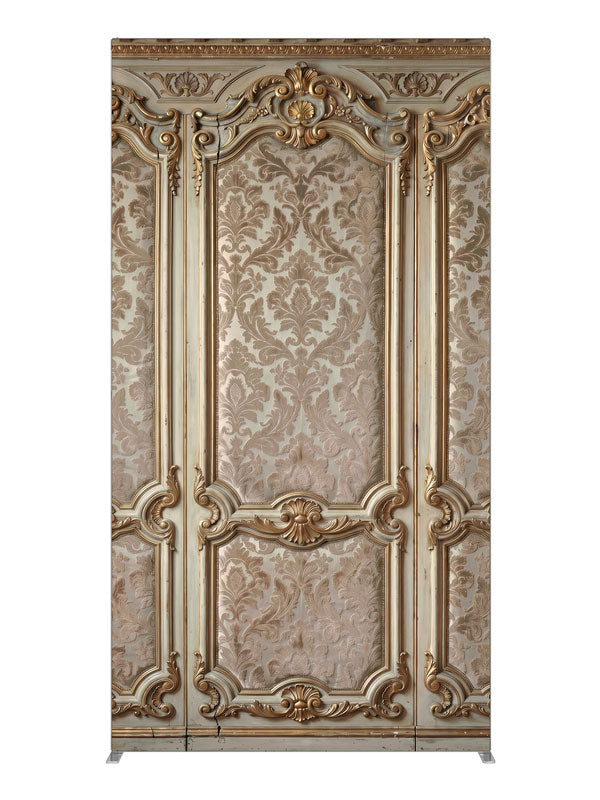 Ornate ivory-and-gold wall paneling with champagne damask brocade panels, 4ft photography backdrop panel for Denny StudioEdge silicone edge frame