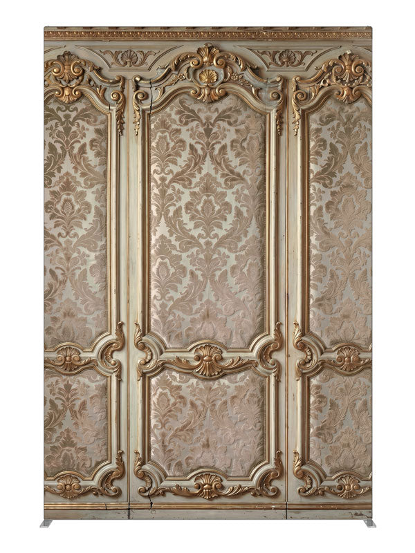 Ornate ivory-and-gold wall paneling with champagne damask brocade panels, 5ft photography backdrop panel for Denny StudioEdge silicone edge frame