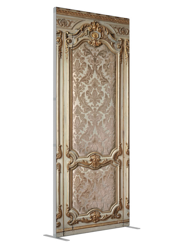 Ornate ivory-and-gold wall paneling with champagne damask brocade panels, 3ft photography backdrop panel for Denny StudioEdge silicone edge frame, angled view